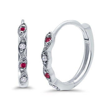 Huggie Hoop Earrings Round Simulated Ruby CZ 925 Sterling Silver (14mm)